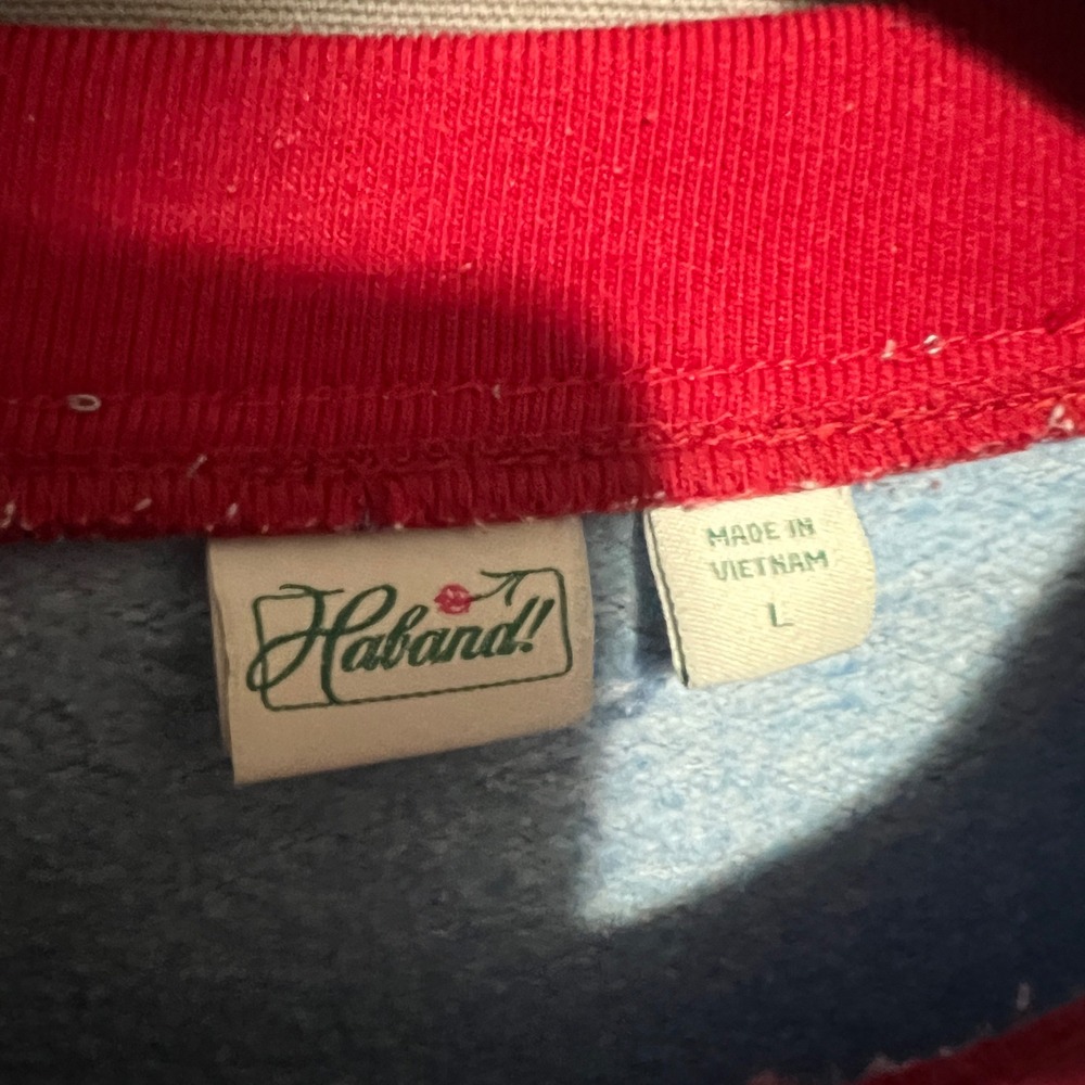 Haband Womens Blue Patchwork Heart Love is Patient Sweatshirt L Double Collar - Picture 3 of 5